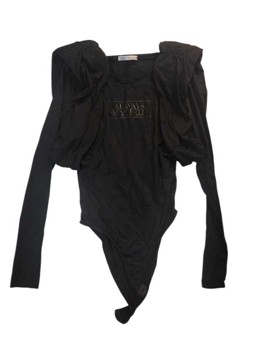 ZARA Bodysuit With Shoulder Pads Size S Black Long Sleeve "Always Myself"